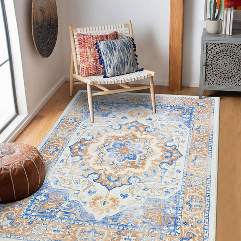 Topotdor Machine Washable Area Rug 9x12 Large Ultra - Thin Area Rugs with Non - Slip Backing Foldable Rugs for Living Room Bedroom Dining Room, Blue Orange - with Blue/Orange | Sold by Uncle Wiener's Wholesale