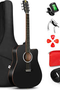 Vangoa 41" acoustic guitar with gig bag and accessories
Full beginner guitar bundle including tuner, strap, capo
Vangoa acoustic guitar kit display with playing tips
Sitka spruce dreadnought guitar side and body view
Complete guitar bundle for adult and teen beginners
