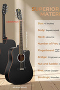 Vangoa 41" acoustic guitar with gig bag and accessories
Full beginner guitar bundle including tuner, strap, capo
Vangoa acoustic guitar kit display with playing tips
Sitka spruce dreadnought guitar side and body view
Complete guitar bundle for adult and teen beginners