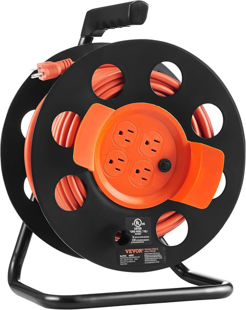VEVOR 100FT Retractable Extension Cord Reel, with 4 Outlets and Dust Cover, Heavy Duty 12AWG SJTOW Power Cord, Portable Handle and Safety Overload Circuit Breaker, for Outdoor Indoor Toolshed Garage - with Red & Black | Sold by Uncle Wiener's Wholesale