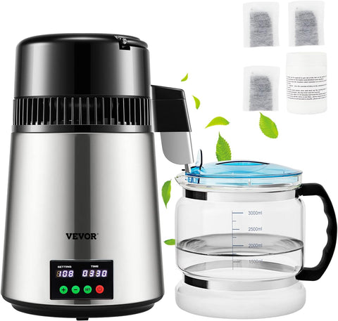 VEVOR 1.1Gal Water Distiller with Glass Carafe – Main Product Image
VEVOR Stainless Steel Distilled Water Machine – Side View
Water Distiller with Timer and Temperature Display

750W Countertop Water Maker with Carbon Pack Accessories
Glass Carafe and Water Distiller – Home and Office Use
VEVOR Distiller Full Package – 1.1Gal Capacity