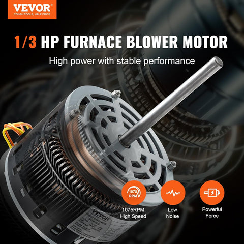 VEVOR 1/3HP Furnace Blower Motor, 110/120V 4.4Amps, 1075RPM 4 Speeds, CW/CCW Rotation, 48 Frame 5.2" Shaft Length, 5μF/370V Capacitor + 11" Hold Hoop - with | Sold by Uncle Wiener's Wholesale