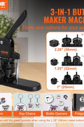 VEVOR 3-in-1 button maker machine front view
Pin maker kit with 300 button parts and cutter
Badge press in action with accessories
Three size molds for 25mm, 32mm, and 58mm
Button maker machine with parts and an instructional manual
Complete pin press bundle with tools and packaging