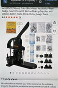 VEVOR 3-in-1 button maker machine front view
Pin maker kit with 300 button parts and cutter
Badge press in action with accessories
Three size molds for 25mm, 32mm, and 58mm
Button maker machine with parts and an instructional manual
Complete pin press bundle with tools and packaging