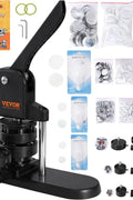 VEVOR 3-in-1 button maker machine front view
Pin maker kit with 300 button parts and cutter
Badge press in action with accessories
Three size molds for 25mm, 32mm, and 58mm
Button maker machine with parts and an instructional manual
Complete pin press bundle with tools and packaging
