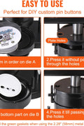 VEVOR 3-in-1 button maker machine front view
Pin maker kit with 300 button parts and cutter
Badge press in action with accessories
Three size molds for 25mm, 32mm, and 58mm
Button maker machine with parts and an instructional manual
Complete pin press bundle with tools and packaging