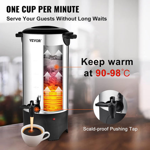 VEVOR Commercial Coffee Urn Stainless Steel Large Coffee Dispenser, 1500W 110V Electric Coffee Maker Urn for Quick Brewing, Hot Water Urn with Detachable Power Cord for Easy Cleaning, Silver (50 Cups) - with | Sold by Uncle Wiener's Wholesale