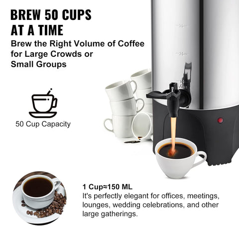 VEVOR Commercial Coffee Urn Stainless Steel Large Coffee Dispenser, 1500W 110V Electric Coffee Maker Urn for Quick Brewing, Hot Water Urn with Detachable Power Cord for Easy Cleaning, Silver (50 Cups) - with | Sold by Uncle Wiener's Wholesale