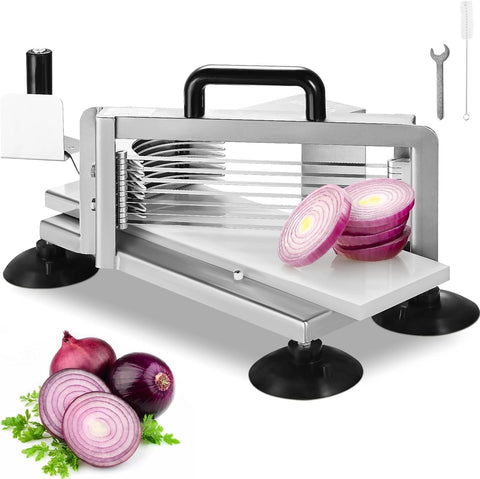 VEVOR 3/16 inch tomato slicer stainless steel heavy duty commercial kitchen cutter
Manual tomato cutter machine with ergonomic handle and anti-slip feet
Stainless vegetable slicer for tomatoes, cucumbers, peppers, and fruit
Durable 420J1 steel blade slicer with detachable design for easy cleaning