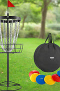 VEVOR disc golf basket with 24 chains and mini flag
Disc golf basket set up on green lawn outdoors
Portable disc golf basket with carry bag and accessories
Disc golf set including discs and installation tools
Folded basket and components in packaging view