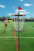 VEVOR disc golf basket with 24 chains and mini flag
Disc golf basket set up on green lawn outdoors
Portable disc golf basket with carry bag and accessories
Disc golf set including discs and installation tools
Folded basket and components in packaging view