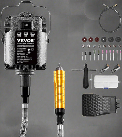 VEVOR flexible shaft grinder with 3-jaw chuck and accessories – front view
Rotary tool kit with 31 attachments for grinding and polishing
VEVOR 1200W flexible shaft grinder foot pedal and control unit
Precision bit grinding with VEVOR rotary tool on wood
Complete accessory kit for rotary shaft grinder – sanding, carving, polishing