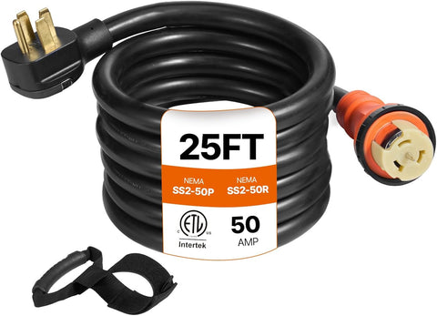 VEVOR Heavy Duty Generator Cord, 25 Feet Generator Power Cord, 50AMP ETL Listed Cord, 12000 Watts Black Cable, SS2 - 50R Generator Plug, SS2 - 50P Extension Cord, 125/250V Generator Wire w/Portable Strap - with | Sold by Uncle Wiener's Wholesale