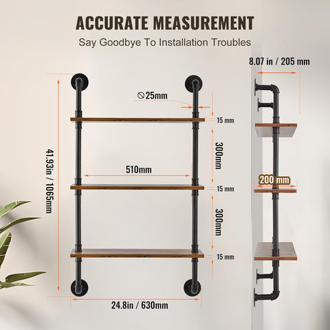 VEVOR Industrial Pipe Shelf, 3 Tier 24x7.87in, Wall - Mount Floating Rustic Wood Shelves Bracket Display Bookshelf, Storage Rack Sundries Holder for Kitchen Bedroom Bathroom Living Room, Black - with | Sold by Uncle Wiener's Wholesale