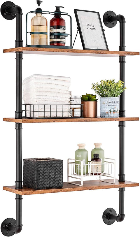 VEVOR Industrial Pipe Shelf, 3 Tier 24x7.87in, Wall - Mount Floating Rustic Wood Shelves Bracket Display Bookshelf, Storage Rack Sundries Holder for Kitchen Bedroom Bathroom Living Room, Black - with | Sold by Uncle Wiener's Wholesale