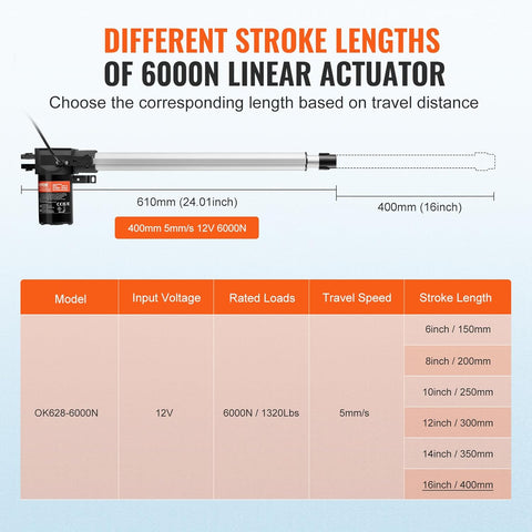 VEVOR 12V linear actuator with 16-inch stroke and 1320 lbs force
Heavy-duty 6000N electric actuator with mounting brackets
Industrial grade linear motion actuator for automation
VEVOR linear actuator for electric doors and lifts
IP44 waterproof VEVOR linear actuator 12V system