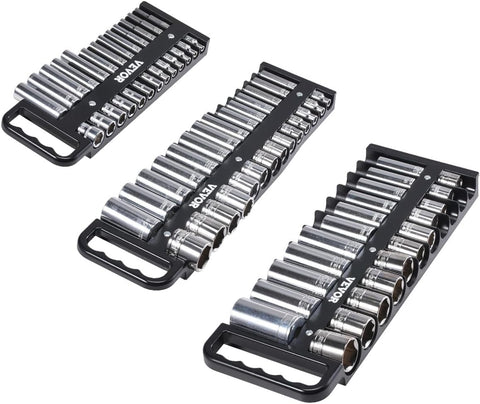 VEVOR Portable Socket Organizer Tray, 3 - Piece Metric & SAE Socket Organizer Set, 1/4'', 3/8'' and 1/2'' Heavy - Duty Socket Holder with Handle & Magnetic Base for Tool Box Drawer, Hold up to 76 Sockets - with | Sold by Uncle Wiener's Wholesale