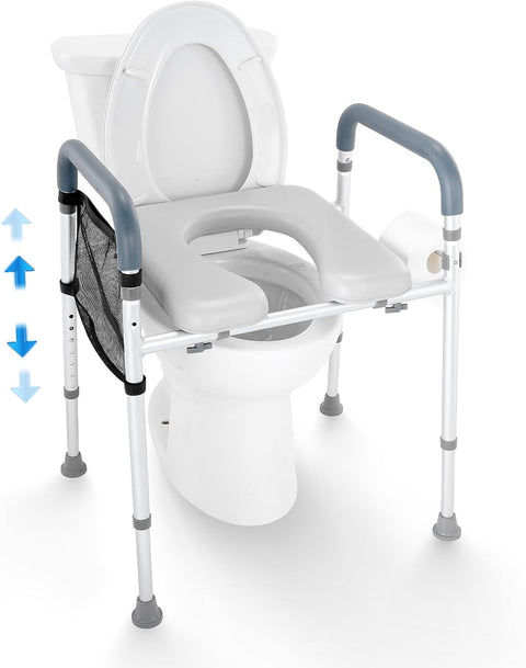 VEVOR raised toilet seat with aluminum frame and cushion
7-position adjustable toilet seat for seniors
Padded toilet riser with side storage bag
Height adjustable toilet aid for mobility support
VEVOR raised seat fits round and elongated toilets