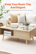 VEVOR Rattan Coffee Table, Mid Century Modern Table, Rectangle Wood Table, 42 Inch Modern Boho Style Two Layers Storage Coffee Table, for Living Room, Bedroom & Small Spaces - with Original Wood Color | Sold by Uncle Wiener's Wholesale