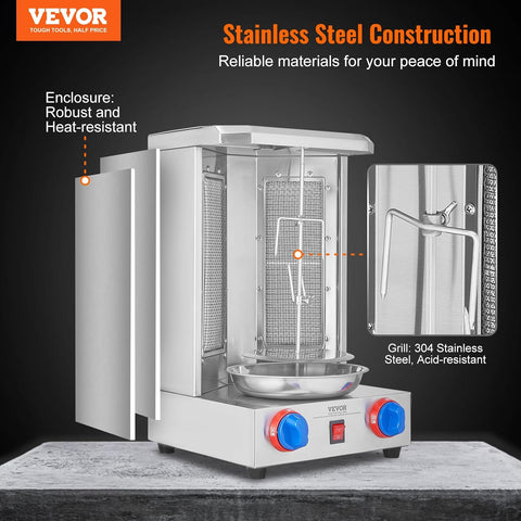 VEVOR Shawarma Grill Machine, 13 lbs Capacity, Chicken Shawarma Cooker Machine with 2 Burners, Gas Vertical Broiler Gyro Rotisserie Oven Doner Kebab Machine, for Home Restaurant Kitchen Parties - with Silver | Sold by Uncle Wiener's Wholesale