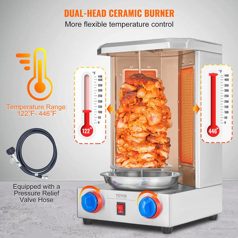 VEVOR Shawarma Grill Machine, 13 lbs Capacity, Chicken Shawarma Cooker Machine with 2 Burners, Gas Vertical Broiler Gyro Rotisserie Oven Doner Kebab Machine, for Home Restaurant Kitchen Parties - with Silver | Sold by Uncle Wiener's Wholesale