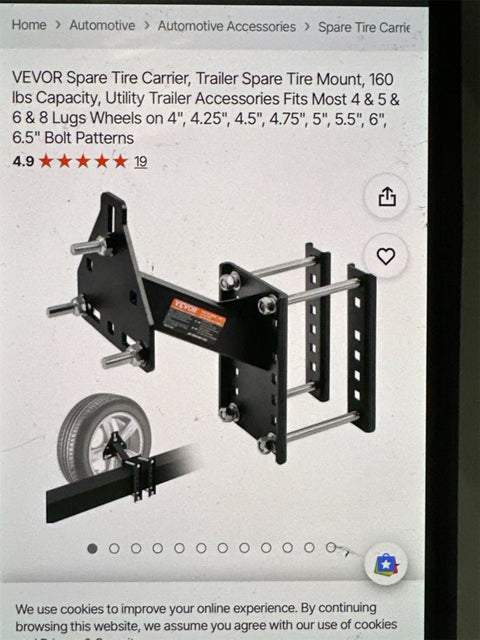 VEVOR spare tire carrier for utility trailers with 160 lb capacity
Trailer spare tire mount for 4, 5, 6, and 8 lug wheels
VEVOR tire carrier bolt-on with universal compatibility
Durable rustproof steel trailer spare tire holder
Complete hardware kit for trailer spare tire installation