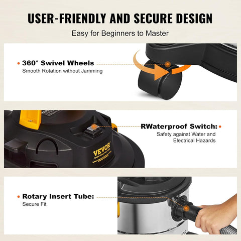 VEVOR Stainless Steel Wet Dry Vacuum Cleaner, 5.5 Gallon 6 Peak HP Wet/Dry Vacuum, Powerful Suction with Blower Function with Attachment 2 - in - 1 Crevice Nozzle, - with | Sold by Uncle Wiener's Wholesale