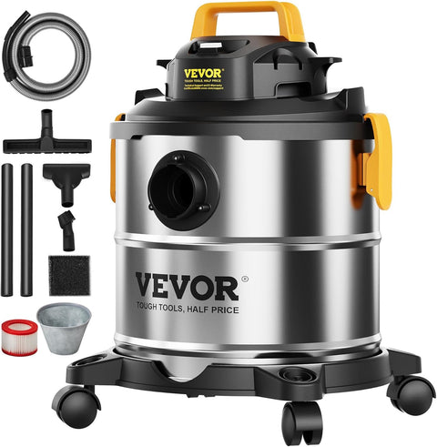 VEVOR Stainless Steel Wet Dry Vacuum Cleaner, 5.5 Gallon 6 Peak HP Wet/Dry Vacuum, Powerful Suction with Blower Function with Attachment 2 - in - 1 Crevice Nozzle, - with | Sold by Uncle Wiener's Wholesale