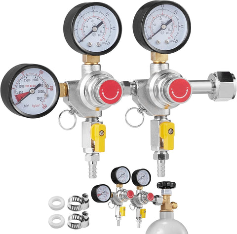 VEVOR Triple CO2 Regulator with 3 gauges, brass build, and safety relief valve for keg systems