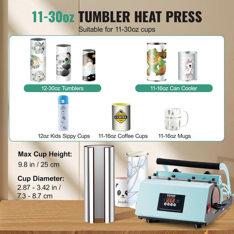 VEVOR Tumbler Heat Press Machine, 11 - 30oz Mug Press, Heat Up Fast and Even, Tumbler Press with Sublimation Paper, Tape and Gloves, Temp and Time Setting, for Sublimation Tumblers, Cups, Mugs, Green - with | Sold by Uncle Wiener's Wholesale