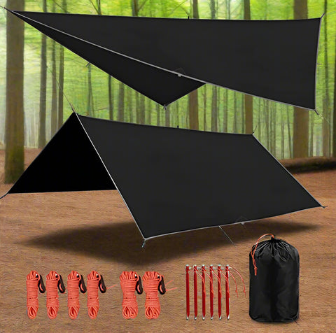 Camping tarp with aluminum stakes and wind ropes laid out
4-in-1 waterproof tarp in use as rain shelter in forest
Black tarp covering picnic area in outdoor campsite
Folded tarp in carry bag with accessories shown separately