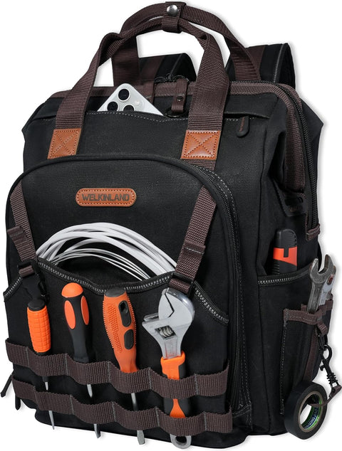 WELKINLAND 88 - Pockets Waxed - Canvas HAVC Tool Backpack,Heavy - Duty electrician tools backpack,Open - Top technician tool bag backpackTool backpack for construction, Black/Brown/Olive, Modern - with | Sold by Uncle Wiener's Wholesale