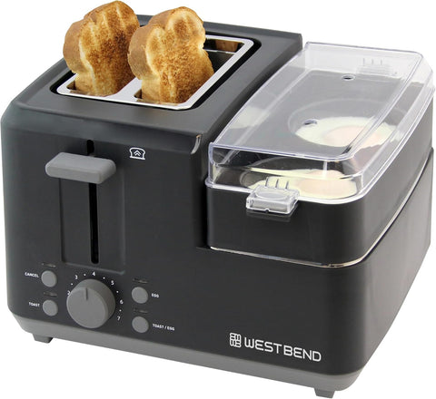 West Bend 78500 Breakfast Station Wide Slot Toaster with Removable Crumb Tray includes Meat and Vegetable Warming Tray with Egg Cooker and Poacher, 2 - Slice, Black - with | Sold by Uncle Wiener's Wholesale