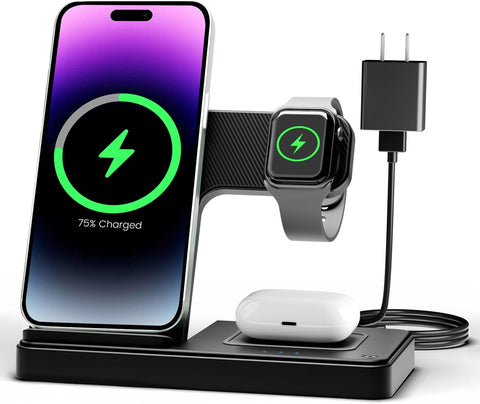 Wireless Charger iPhone Charging Station: 3 in 1 Charger Stand Multiple Devices for Apple - iPhone 16e 16 15 14 Pro Max 13 12 11 - Watch 10 9 8 7 6 5 4 3 2 SE and Ultra Series - Airpods 4 3 2 Pro - with | Sold by Uncle Wiener's Wholesale