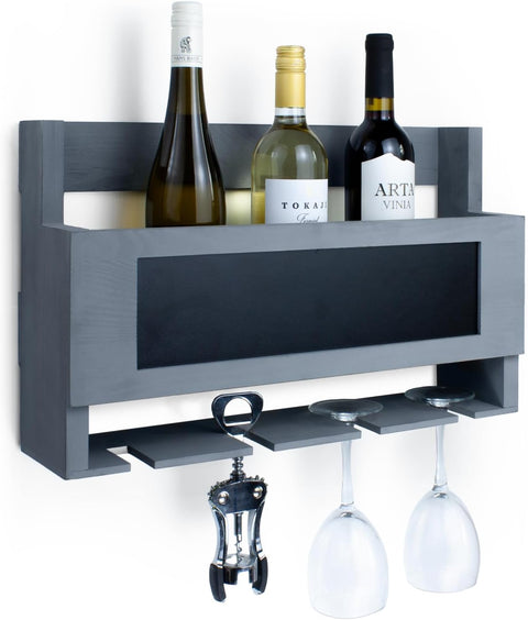 Wooden Wine Bottle Rack Wall Mounted with Glass Holder and Chalk Board - Liquor and Whiskey Shelf - Home Bar Shelves for Wall - Modern Kitchen Farmhouse Decor - with | Sold by Uncle Wiener's Wholesale