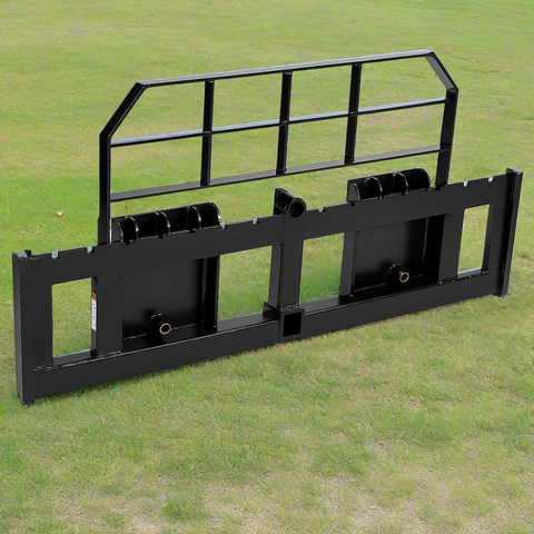 XL pallet fork frame with 2-inch receiver for skid steer – 5000 lb rated
Heavy-duty 72-inch skid steer pallet fork frame with headache rack
Skid steer fork frame in field with trailer hitch and fork slots
Compact 60" pallet fork frame – skid steer attachment
Slotted carriage for Class II pallet forks on steel frame