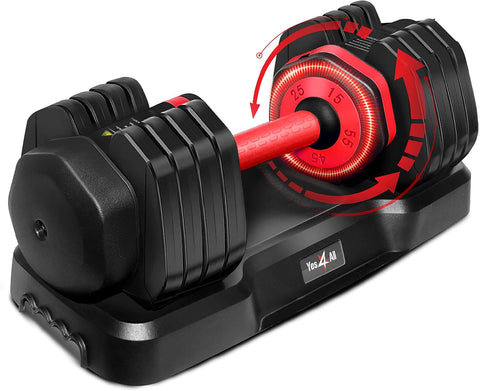 Yes4All 25/55LB Single/Pair Adjustable Dumbbells Weights, 5 in 1 Free Weights Dumbbell with One Second Dial Handle for Different Workout Levels - with Red Grip | Sold by Uncle Wiener's Wholesale