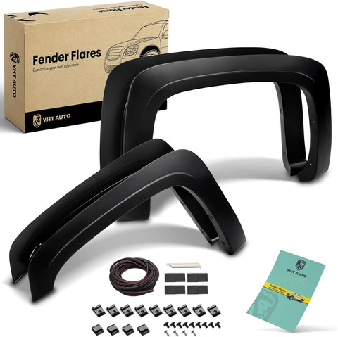 OE-style fender flares for Chevy Silverado – 4-piece set black finish
Chevy Silverado 1500 fender flares installed front and rear view
YHTAUTO factory-style truck fender flares with install kit
Durable polypropylene wheel well protector for Silverado
Installation hardware and parts for YHTAUTO Silverado fender flares